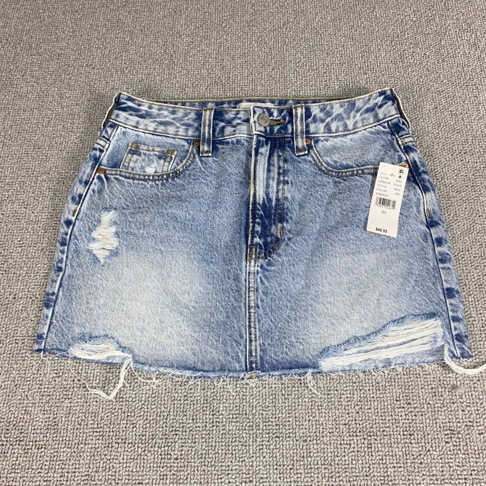 PacSun Denim Mini Skirt Women Size 23 Light Blue Distressed Frayed Hem Casual